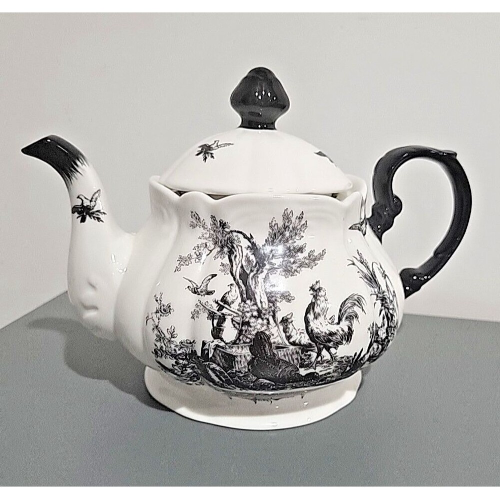 Vtg AUV2 By AUXAU Province  Pattern White Ceramic & Black Trim Tea Pot W/Lid